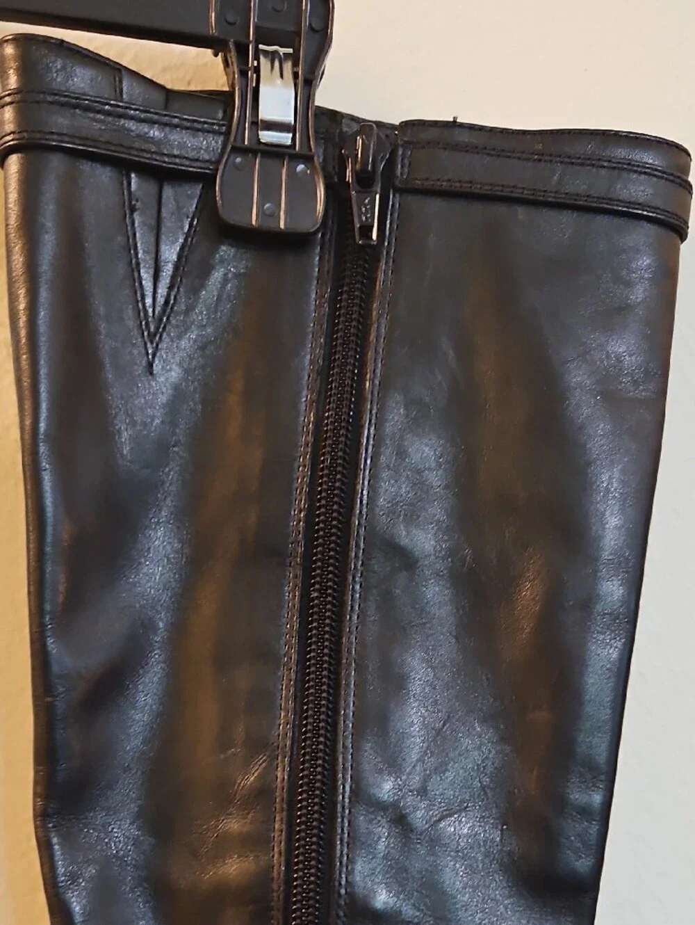 Michelle D Black Leather Under-the-Knee Boots with Buckle Strap